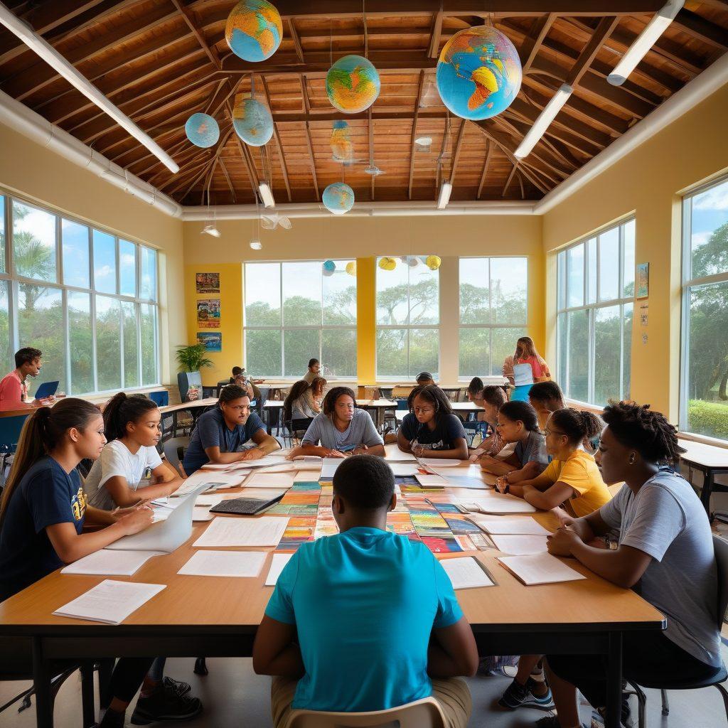 A diverse group of enthusiastic students collaborating on a project at the University of Central Florida, surrounded by academic books, laptops, and inspirational posters. Include elements symbolizing involvement like posters for campus events and a globe representing global citizenship. The setting is lively and bright, illustrating a positive learning environment. vibrant colors. super-realistic.