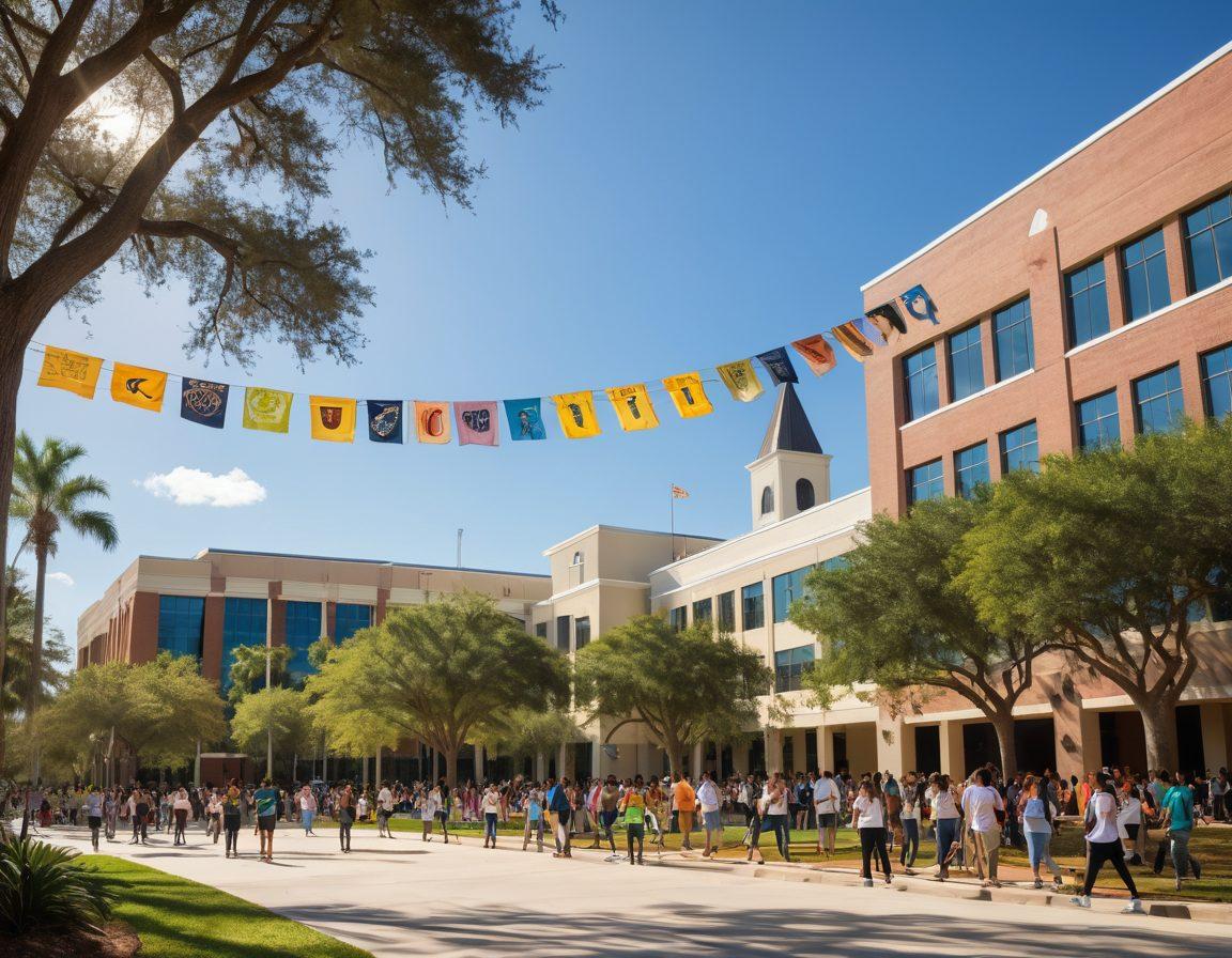 A vibrant college campus scene showcasing UCF Knights in a variety of student activities, with iconic campus buildings in the background. Include diverse students engaging in social interactions, studying in groups, and participating in campus events, surrounded by lush greenery and bright sunny skies. Add elements like banners of UCF, school spirit, and lively discussions about college life, to give a lively and welcoming atmosphere. bright colors. super-realistic. dynamic perspective.